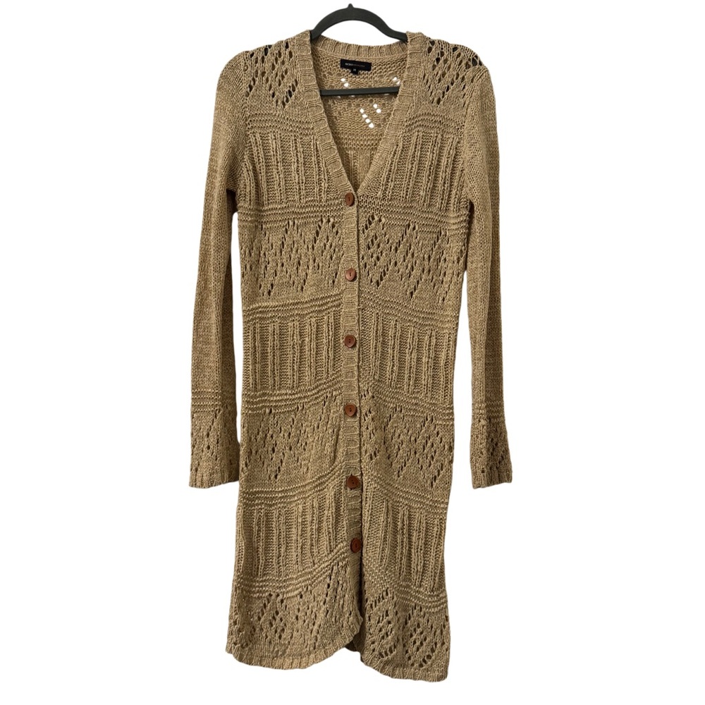BCBG MaxAzria Womens Knit Long‎ Duster Cardigan Medium Tan Boho Cottagecore